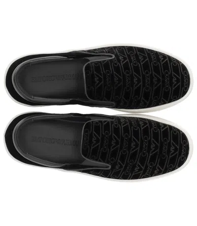 Emporio Armani Black Monogram Slip-on Sneaker In Black