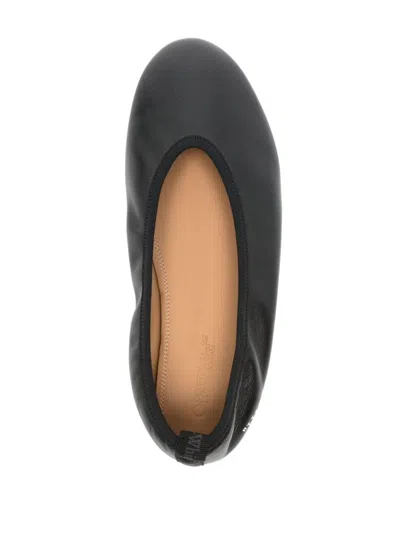 Off-white Round Toe Leather Ballerina Shoes In Black
