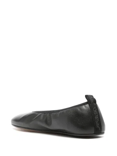 Off-white Round Toe Leather Ballerina Shoes In Black