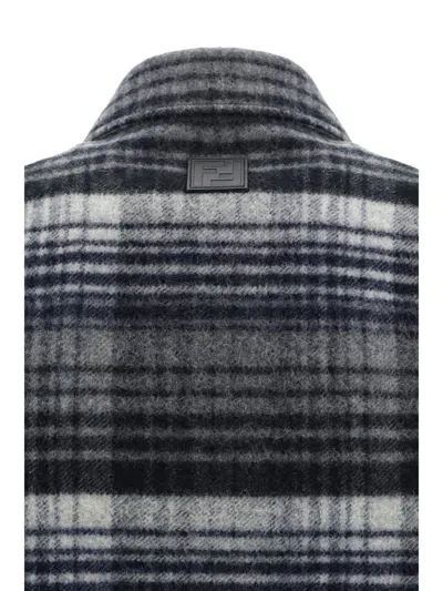 Fendi Checked Virgin Wool Overshirt Withdouble Breast Pocket In Grey