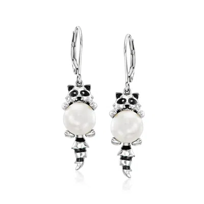 Ross-simons 9-9.5mm Cultured Pearl And Black Enamel Raccoon Drop Earrings In Sterling Silver In Silver