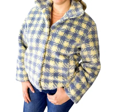 First Love Plaid Sherpa Fleece Button Down Jacket In Blue/cream In Beige
