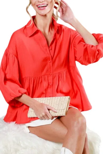 Vine & Love Collared Balloon Sleeve Button Down Blouse In Red