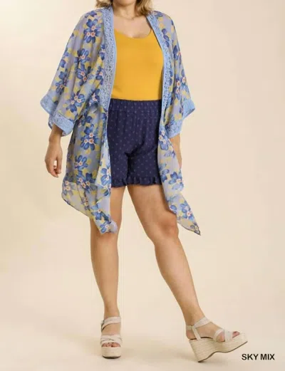 Umgee Sheer Floral Print Open Front Plus Size Kimono With Crochet Detail In Yellow