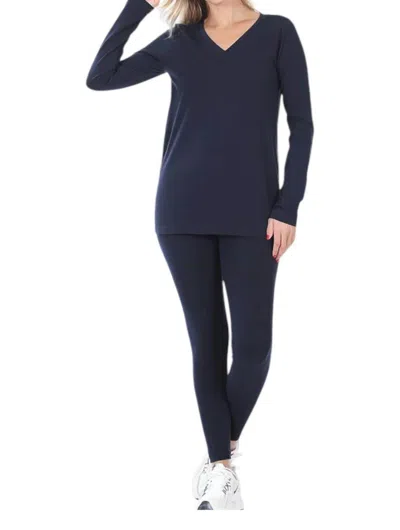 Zenana Vneck Top And Leggings Lounge Pajama Set In Navy In Blue