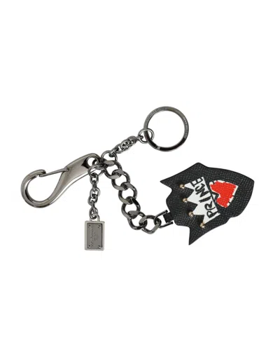 Dolce & Gabbana Black Prince Studs Logo Silver Brass Keychain Keyring In Black