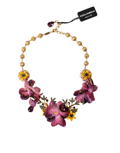 Dolce & Gabbana Gold Brass Mix Fiori Flowers Crystal Chain Necklace In Gold