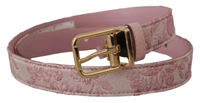 Dolce & Gabbana Pink Jaquard Embroidered Gold Tone Metal Buckle Belt In Red