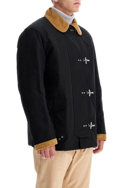 Fay Archive Padded Jacket With Suede Details And 4 Hook Closure In Black