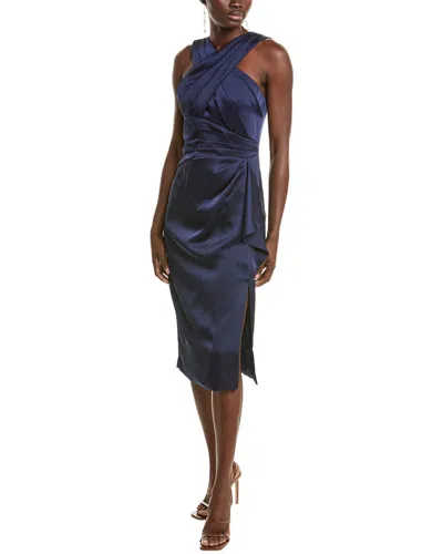Theia Tierra Pleated Crossover Satin Midi Dress In Blue