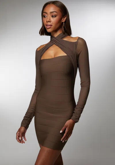 Bebe Mesh Overlay Bandage Dress In Chocolate