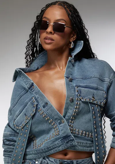 Bebe Sequin Hooded Denim Jacket In Silver