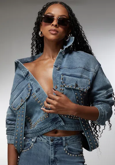 Bebe Sequin Hooded Denim Jacket In Silver