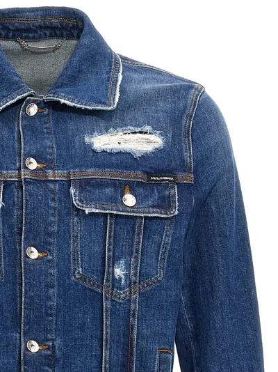 Dolce & Gabbana Blue Jacket With Classic Collar And Rips In Denim Stretch Man