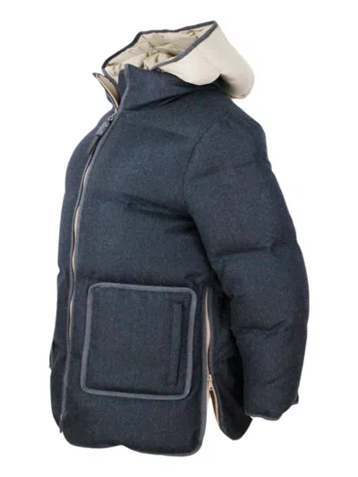 Brunello Cucinelli Long Down Jacket In Soft Wool Padded With Real Goose Down With Detachable Front With Hood. In Grey