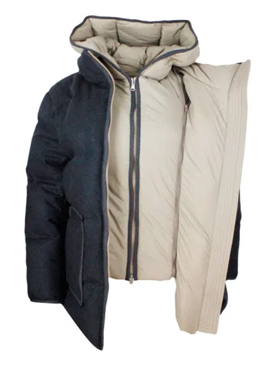 Brunello Cucinelli Long Down Jacket In Soft Wool Padded With Real Goose Down With Detachable Front With Hood. In Grey