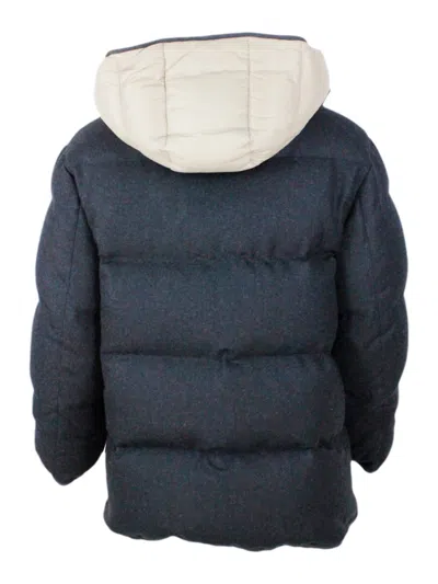 Brunello Cucinelli Long Down Jacket In Soft Wool Padded With Real Goose Down With Detachable Front With Hood. In Grey