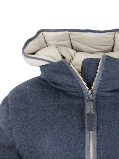 Brunello Cucinelli Long Down Jacket In Soft Wool Padded With Real Goose Down With Detachable Front With Hood. In Grey