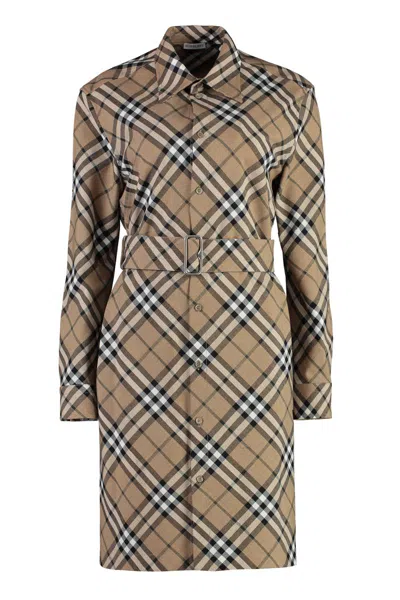 Shop Burberry Belted Shirtdress In Beige