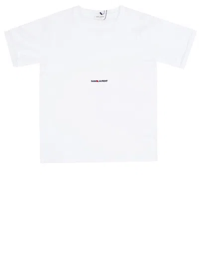 Saint Laurent Basic White T-shirt With Miiddle Logo Print In Cotton Woman In White