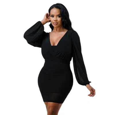 Shop Fashnzfab Lux Mesh Layered Lining V Neck Bubble Slv Bodycon Dress In Black