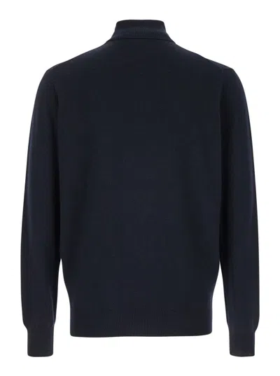 Plain Dark Blue Turtleneck Sweater In Merino Wool And Silk Blend Man In Blue