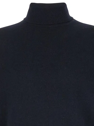 Plain Dark Blue Turtleneck Sweater In Merino Wool And Silk Blend Man In Blue