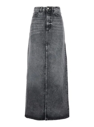 Icon Denim Blue High Waist Long Skirt With Logo Patch On The Rear And Logo Detail On The Rear In Denim Woman In Blue