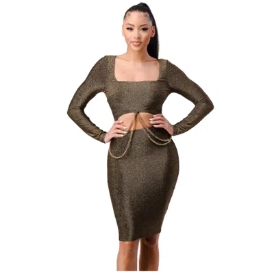 Shop Fashnzfab Luxe Waist Gold Chain Cut-out Detail Square Neck Glitter Bodycon Dress In Brown