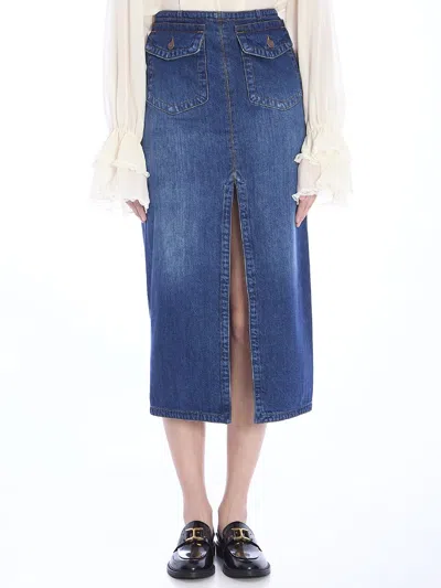 Chloé Chic Denim Midi Skirt With Front Slit In Blue