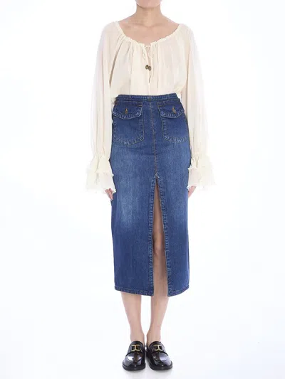 Chloé Chic Denim Midi Skirt With Front Slit In Blue