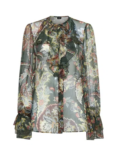 Etro Ruffled Floral-print Silk-crepon Blouse In Green