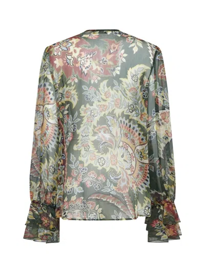 Etro Ruffled Floral-print Silk-crepon Blouse In Green