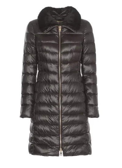 Herno Quilted Long Down Jacket With Plush Collar In Black