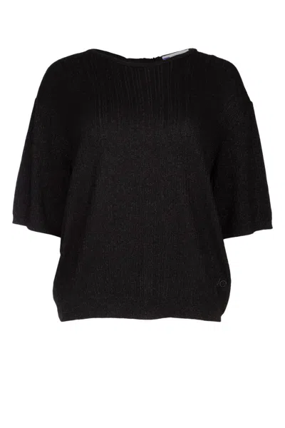Jacob Cohen Cropped Metallic Knit Wrap Top In Black
