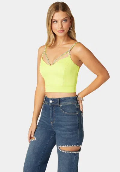 Bebe Rhinestone Trim Sleeveless Knit Top In Cyber Lime