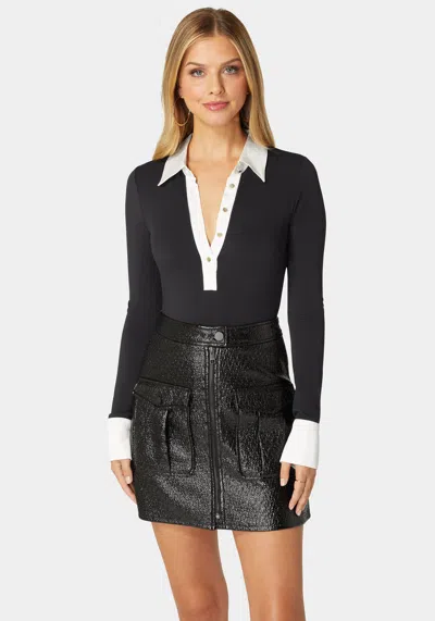 BEBE HENLEY SATIN COMBO KNIT BODYSUIT 
