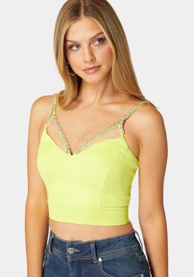 Bebe Rhinestone Trim Sleeveless Knit Top In Cyber Lime