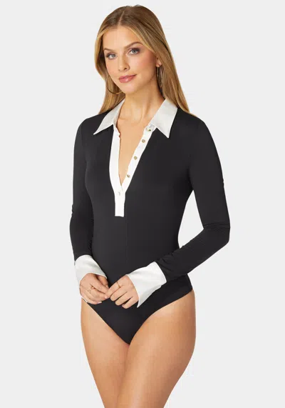 Bebe Henley Satin Combo Knit Bodysuit In Black,white Alyssum