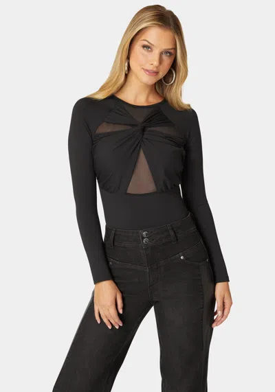 Bebe Mesh Combo Front Twist Knit Bodysuit In Black
