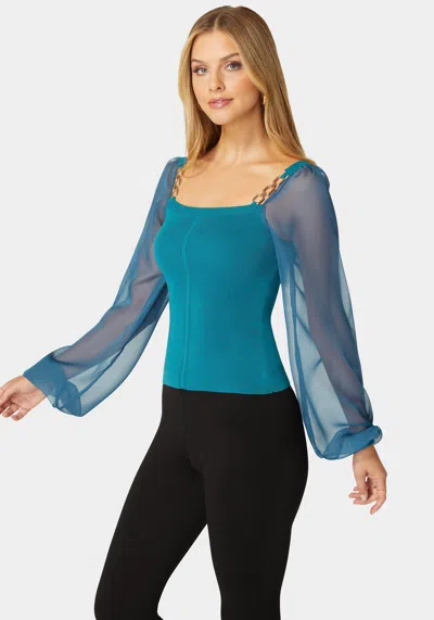 Bebe Chiffon Combo Balloon Sleeve Sweater In Deep Lagoon