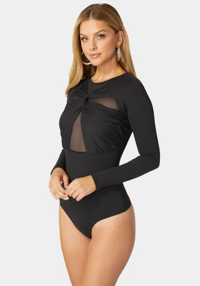 Bebe Mesh Combo Front Twist Knit Bodysuit In Black