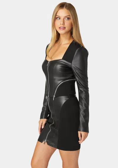 Bebe Zip Front Vegan Leather Pdr Combo Top In Black