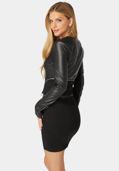 Bebe Zip Front Vegan Leather Pdr Combo Top In Black