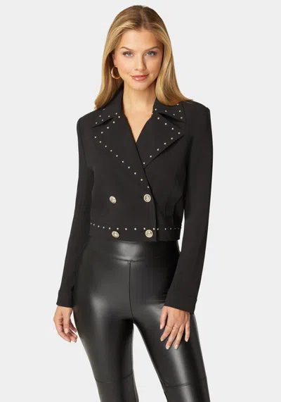Bebe Vegan Leather Combo Woven Twill Blazer In Black