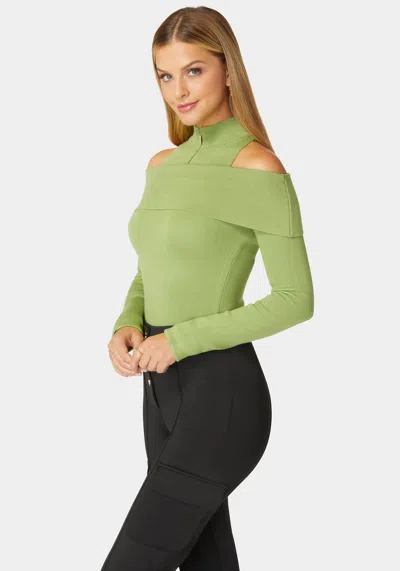 Bebe Mock Neck Zip Detail Cold Shoulder Sweater In Spinach Green