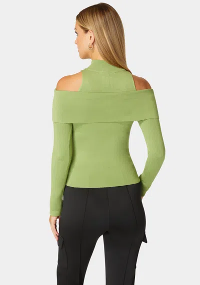 Bebe Mock Neck Zip Detail Cold Shoulder Sweater In Spinach Green