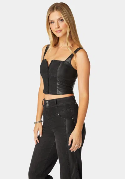 Bebe Eyelet Front Combo Vegan Leather Denim Corset In Washed Out Black,black