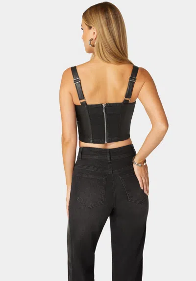 Bebe Eyelet Front Combo Vegan Leather Denim Corset In Washed Out Black,black