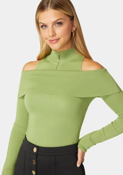 Bebe Mock Neck Zip Detail Cold Shoulder Sweater In Spinach Green